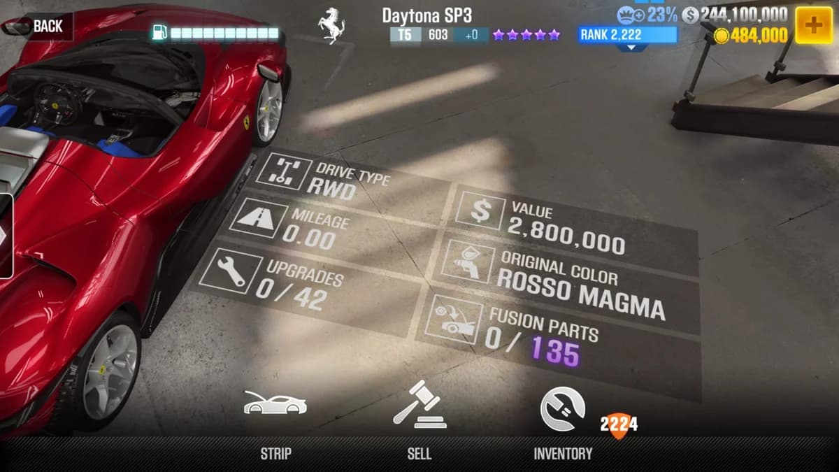 Ferrari Daytona SP3 CSR2 fusion parts and upgrade breakdown, tier 5 purple star car
