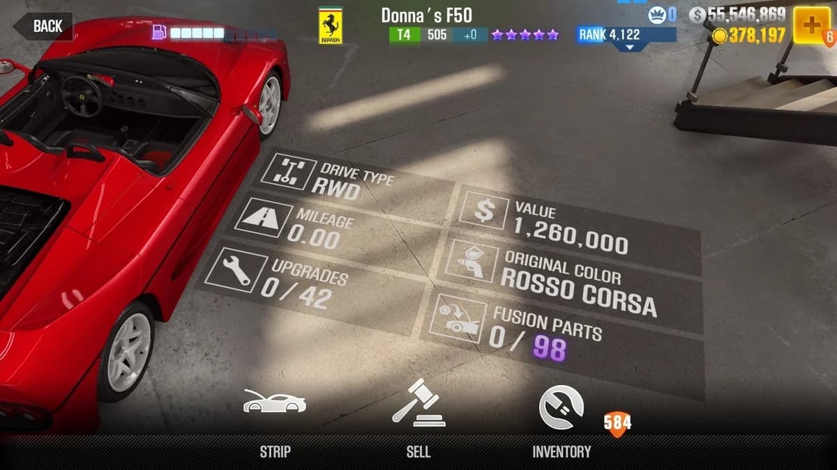 Donna's Ferrari F50 CSR2 fusion parts and upgrade breakdown, tier 4 purple star car