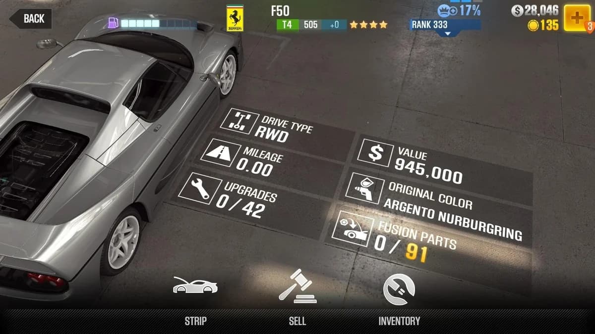 Ferrari F50 CSR2 fusion parts and upgrade breakdown, tier 4 gold star car