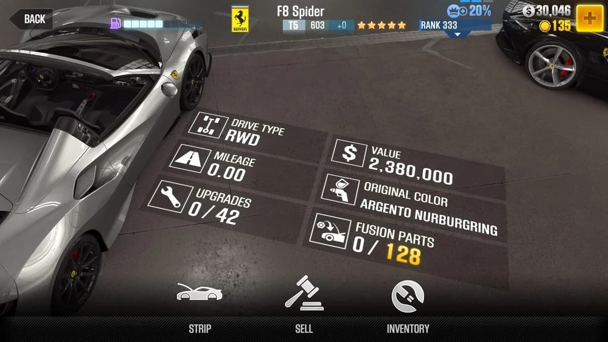 Ferrari F8 Spider CSR2 fusion parts and upgrade breakdown, tier 5 gold star car