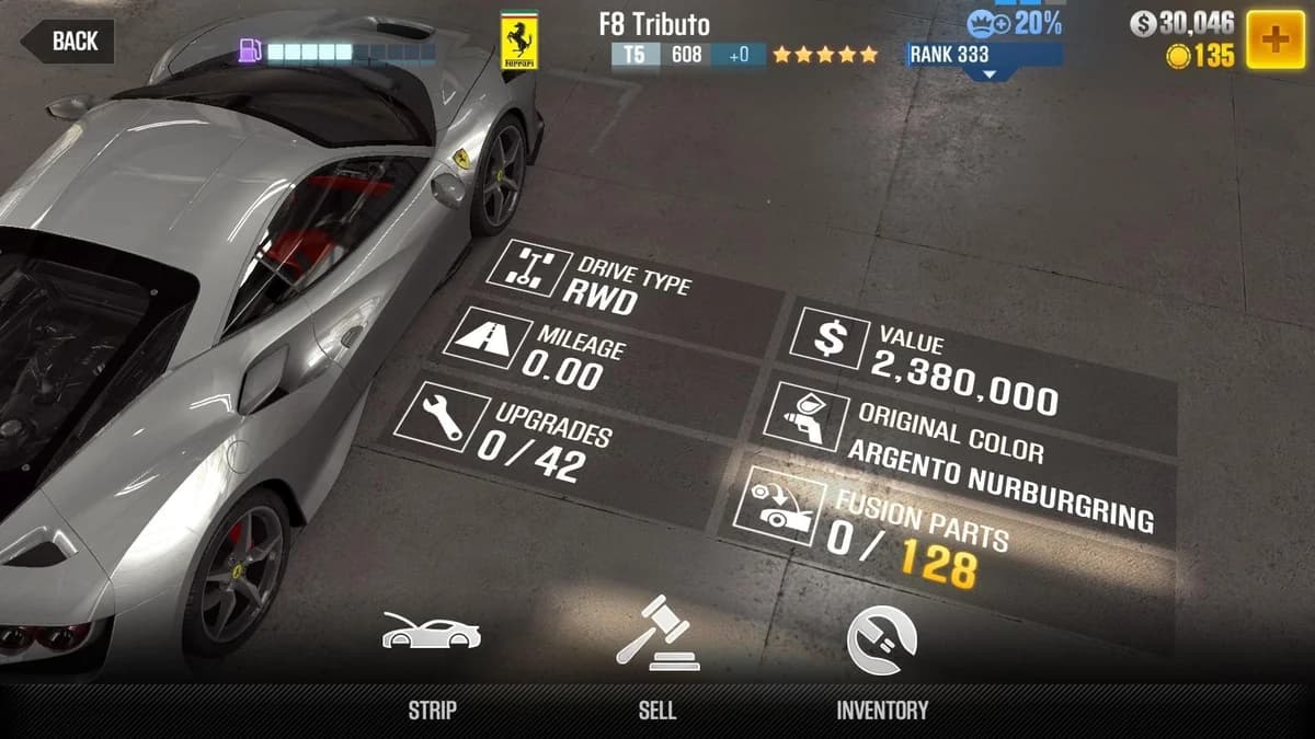 Ferrari F8 Tributo CSR2 fusion parts and upgrade breakdown, tier 5 gold star car