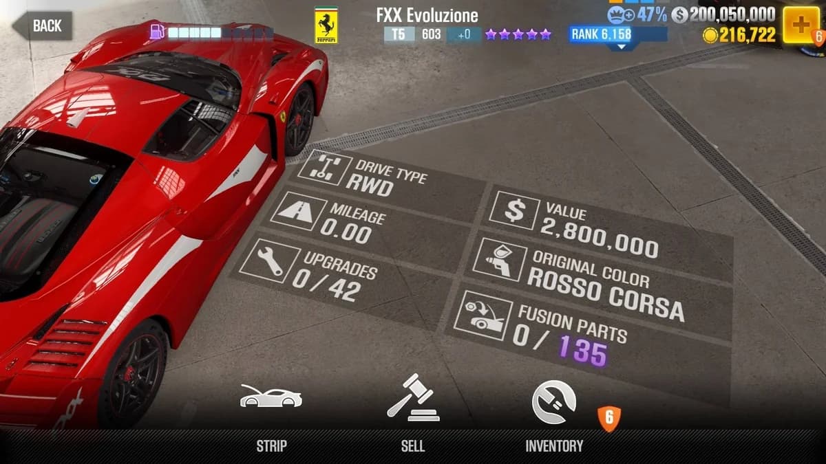Ferrari FXX K EVO CSR2 fusion parts and upgrade breakdown, tier 5 gold star car