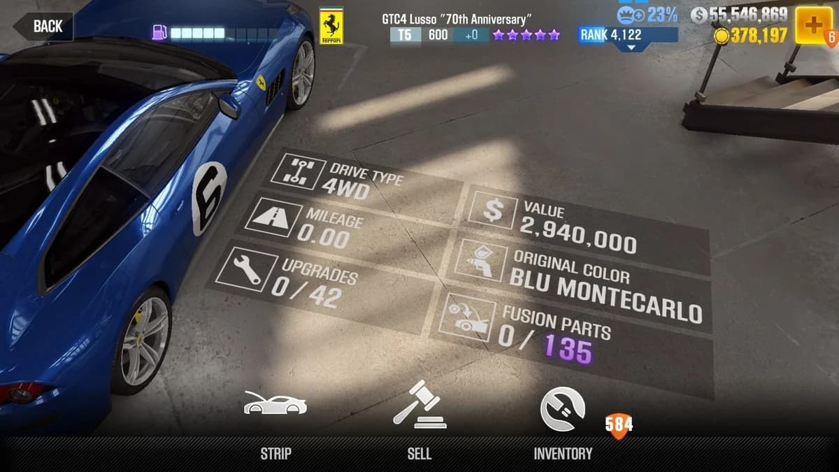 Ferrari GTC4 Lusso ''70th Anniversary'' CSR2 fusion parts and upgrade breakdown, tier 5 purple star car
