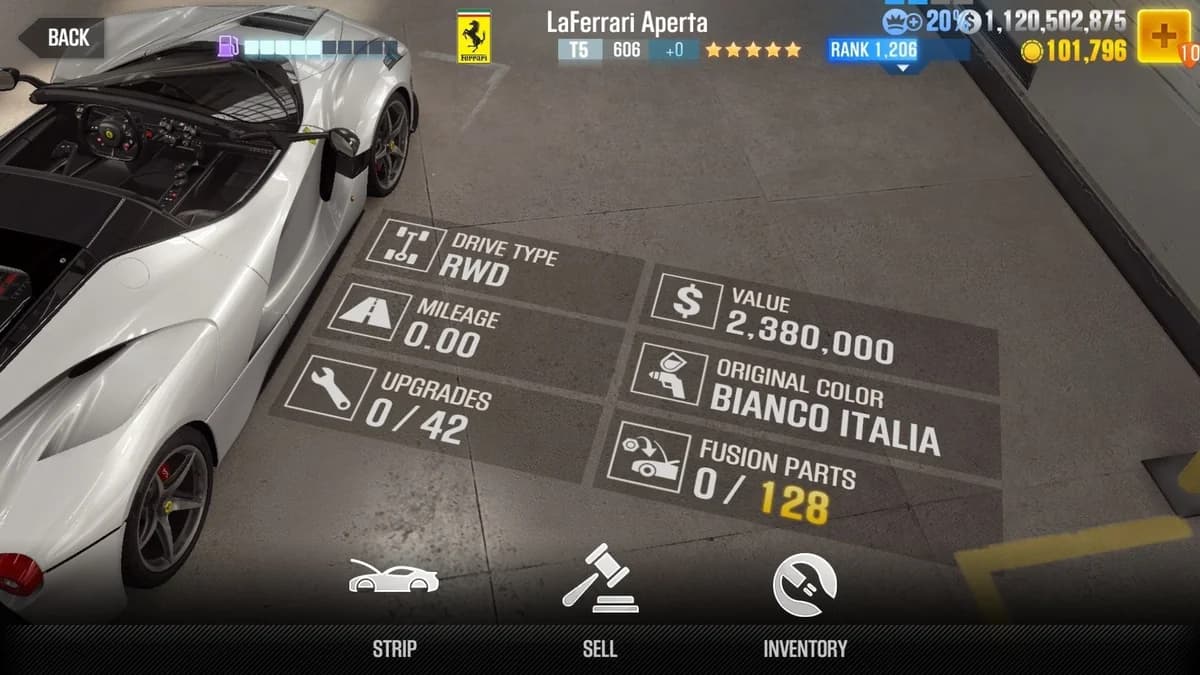 Ferrari LaFerrari Aperta CSR2 fusion parts and upgrade breakdown, tier 5 gold star car