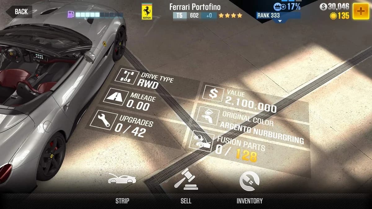 Ferrari Portofino CSR2 fusion parts and upgrade breakdown, tier 5 gold star car