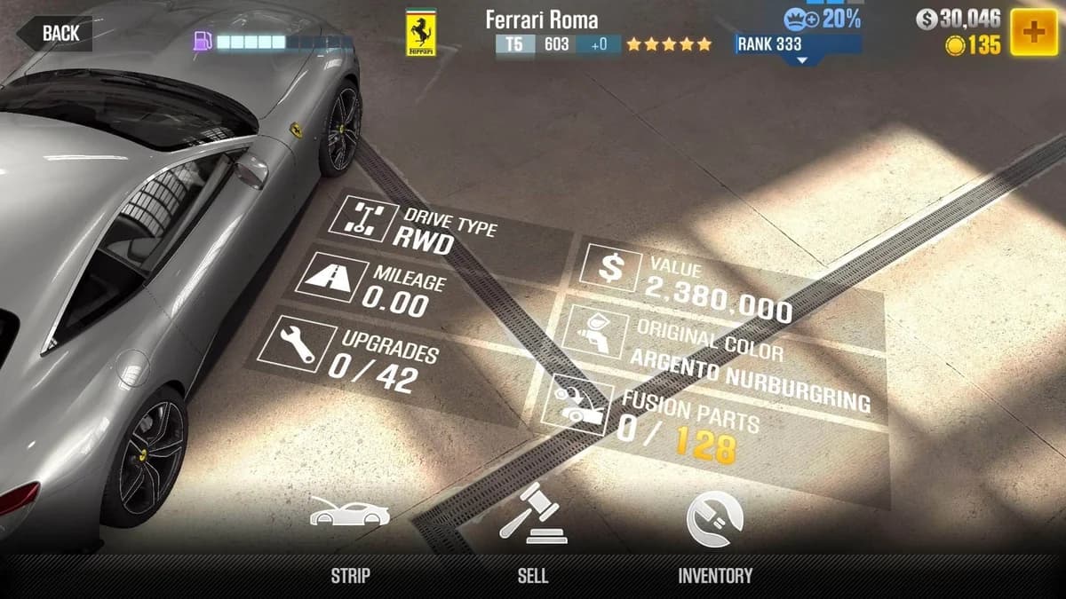 Ferrari Roma CSR2 fusion parts and upgrade breakdown, tier 5 gold star car