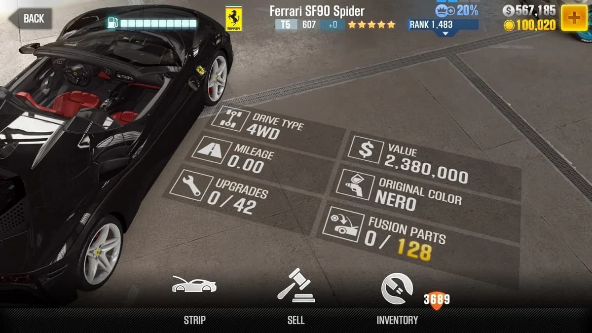 Ferrari SF90 Spider CSR2 fusion parts and upgrade breakdown, tier 5 gold star car
