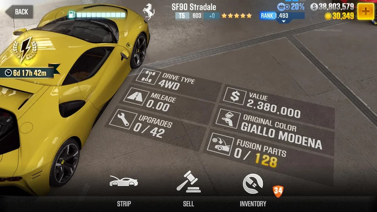 Ferrari SF90 Stradale CSR2 fusion parts and upgrade breakdown, tier 5 purple star car