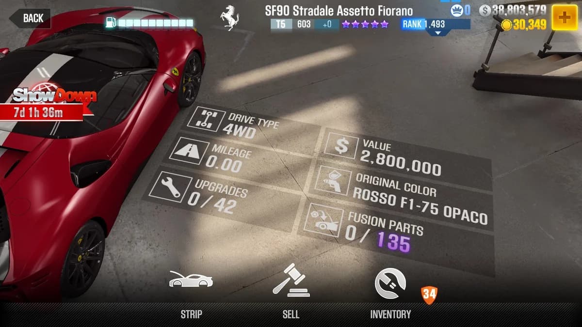 Ferrari SF90 Stradale Assetto Fiorano (Red) CSR2 fusion parts and upgrade breakdown, tier 5 purple star car