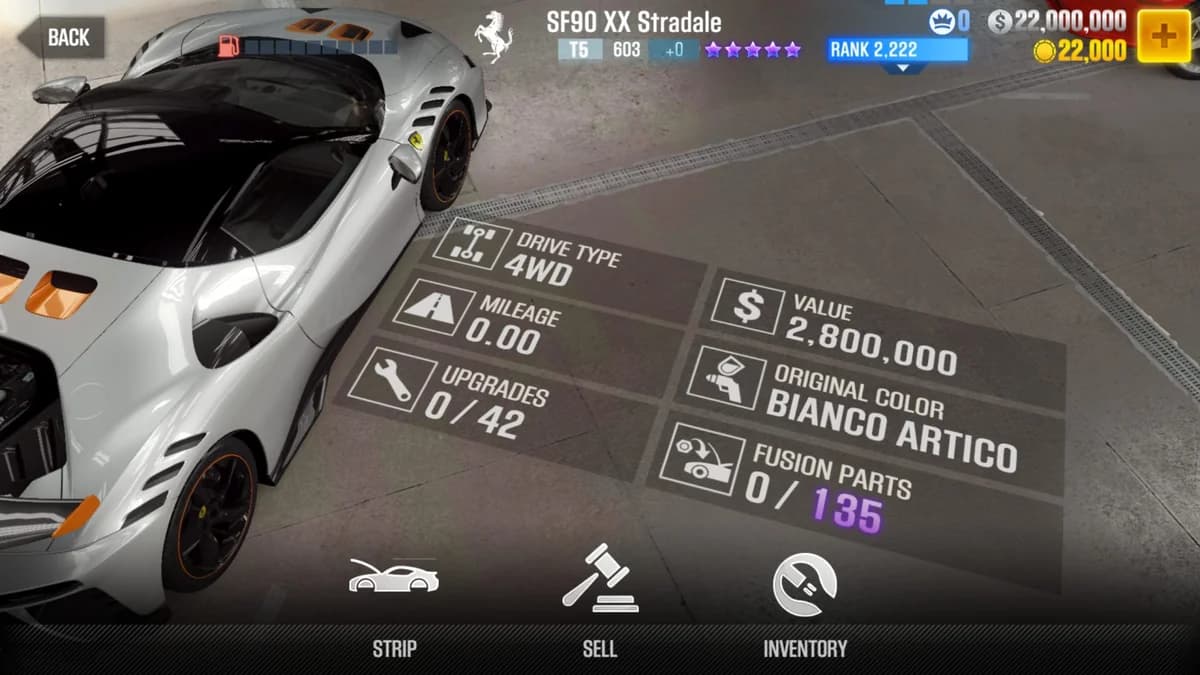 Ferrari SF90 XX Stradale CSR2 fusion parts and upgrade breakdown, tier 5 purple star car