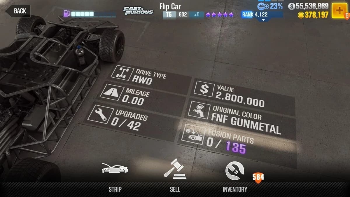Owen Shaw's FnF Flip Car (FnF) CSR2 fusion parts and upgrade breakdown, tier 5 purple star car