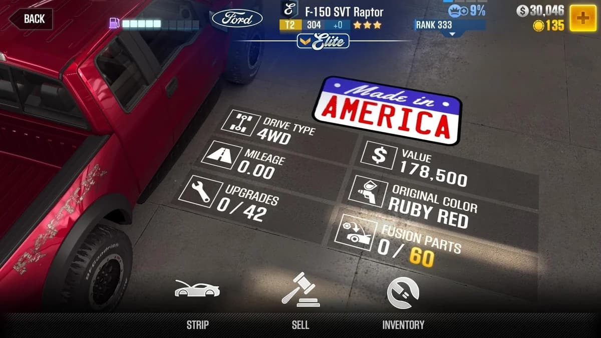 Ford F-150 SVT Raptor (E.C. Level 0) CSR2 fusion parts and upgrade breakdown, tier 2 gold star car