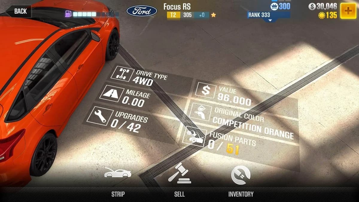 Ford Focus RS CSR2 fusion parts and upgrade breakdown, tier 2 gold star car