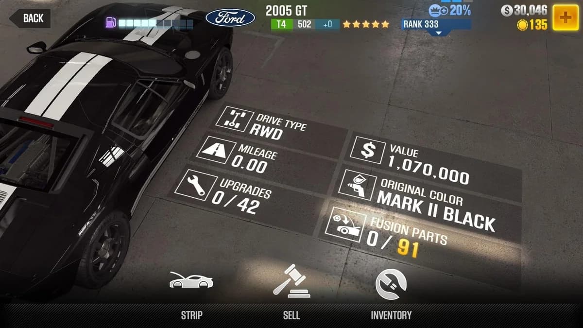 Ford 2005 GT CSR2 fusion parts and upgrade breakdown, tier 4 gold star car