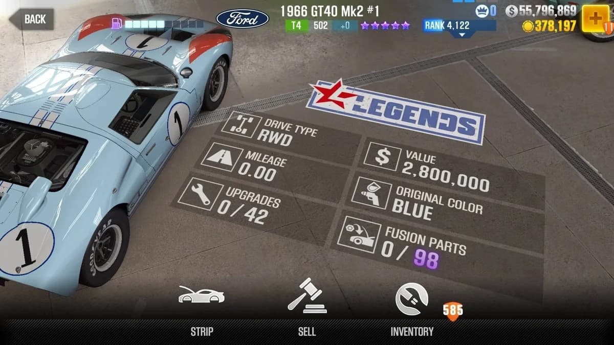 Ford 1966 GT40 Mk2 #1 CSR2 fusion parts and upgrade breakdown, tier 4 purple star car