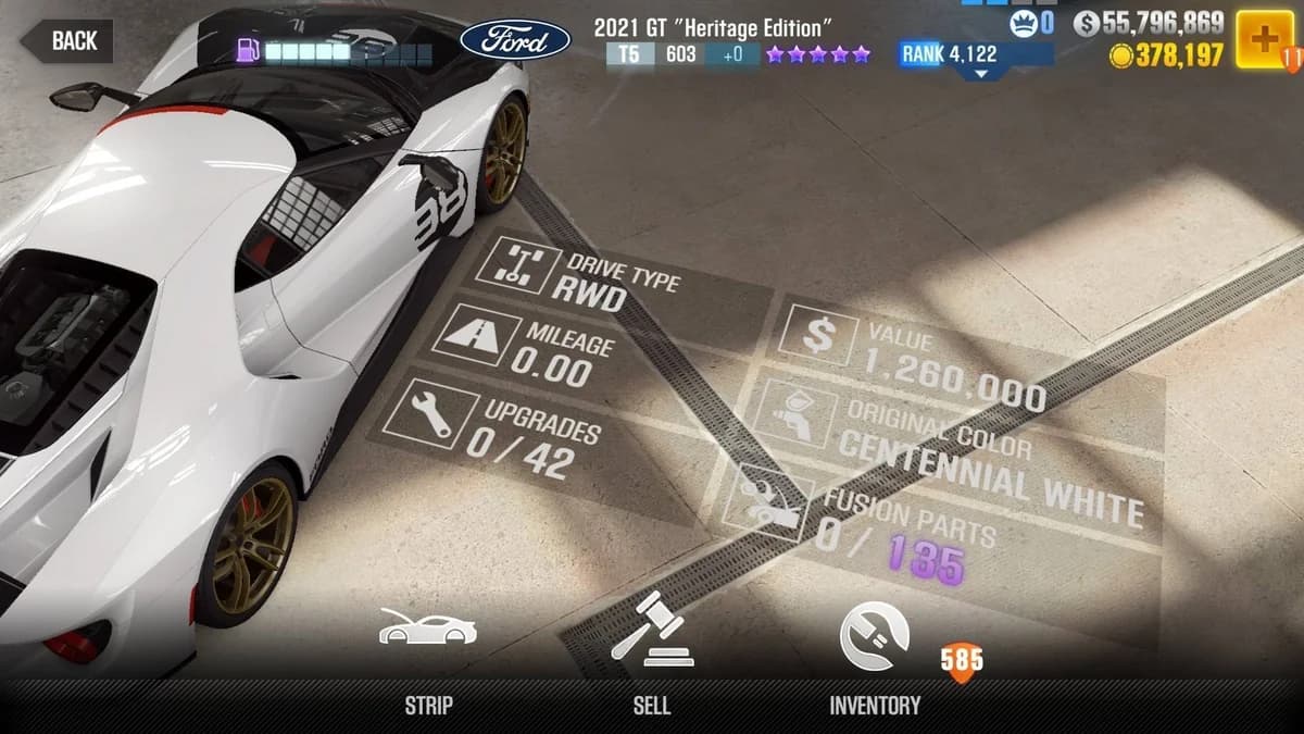 Ford 2021 GT ''Heritage Edition'' CSR2 fusion parts and upgrade breakdown, tier 5 purple star car
