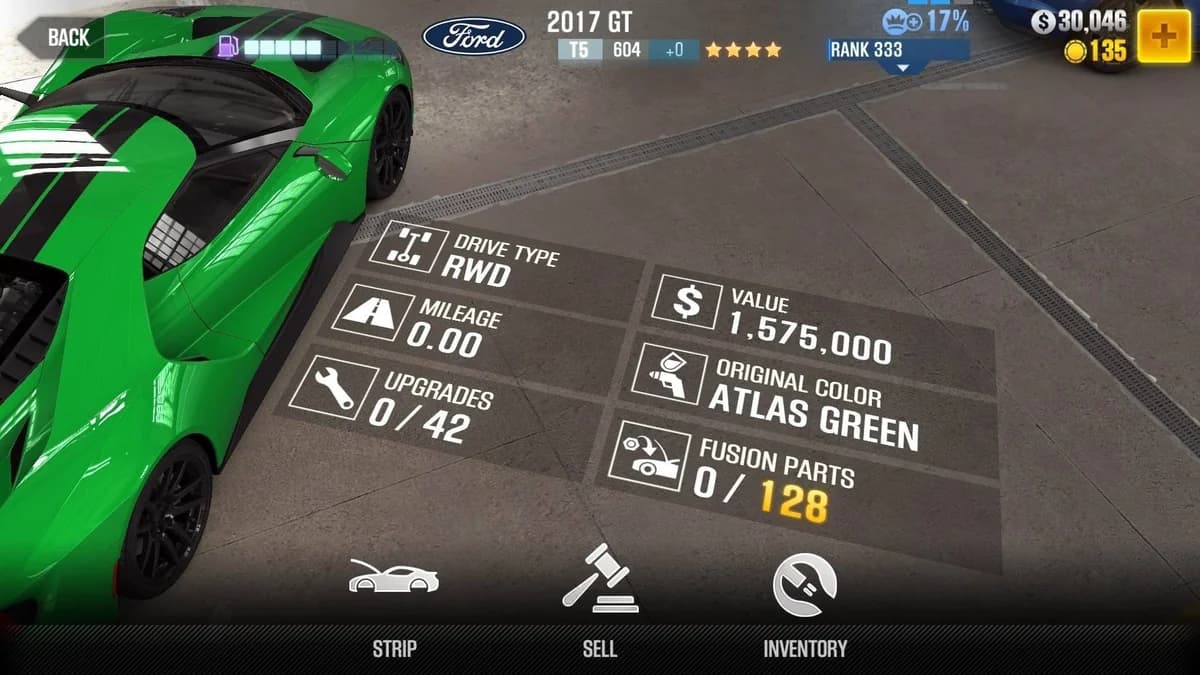 Ford 2017 GT CSR2 fusion parts and upgrade breakdown, tier 5 gold star car