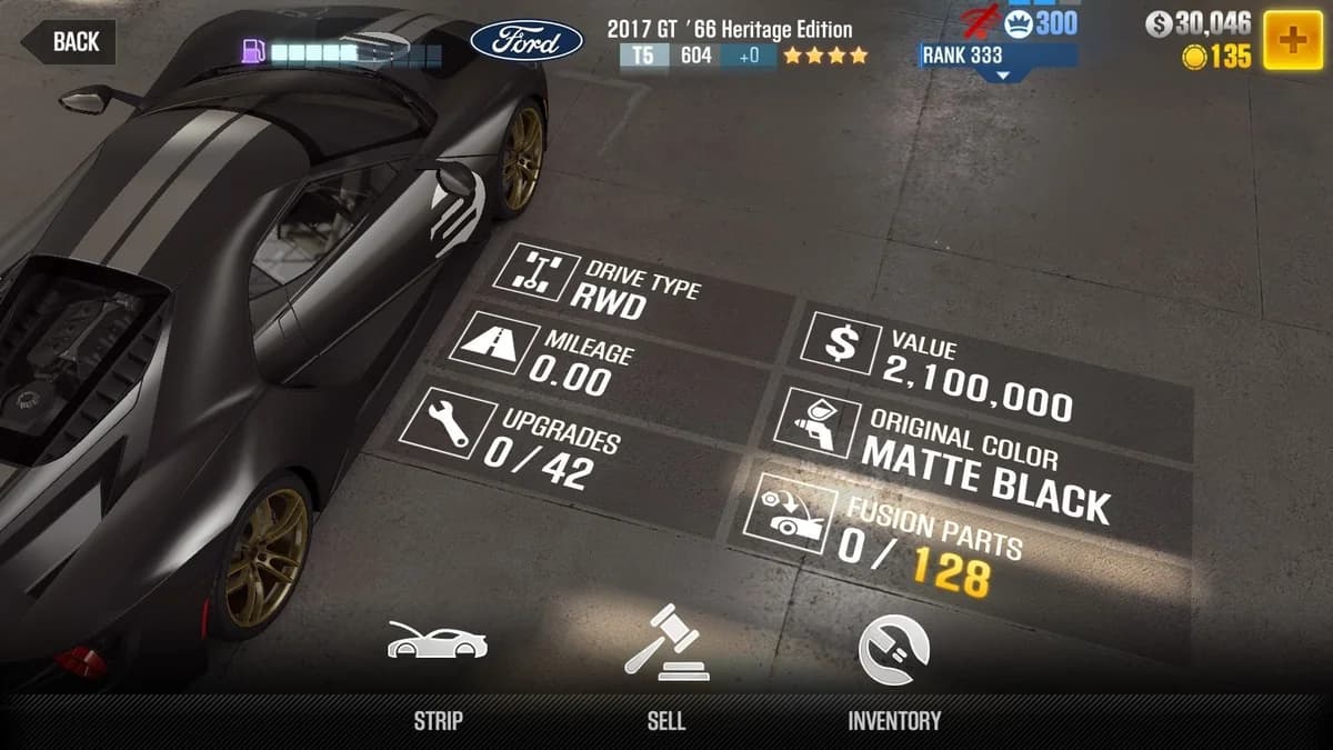 Ford 2017 GT '66 Heritage Edition CSR2 fusion parts and upgrade breakdown, tier 5 gold star car