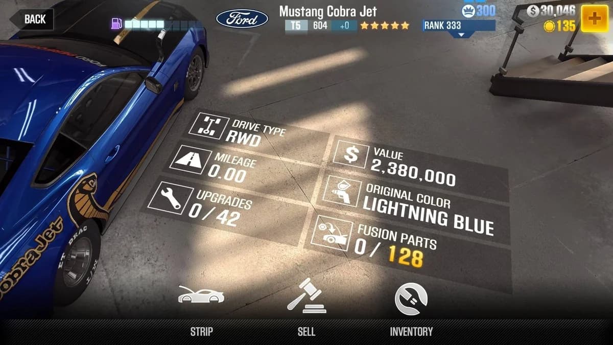 Ford Mustang Cobra Jet CSR2 fusion parts and upgrade breakdown, tier 5 gold star car