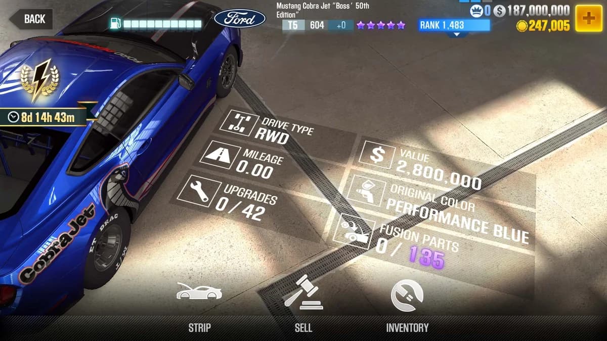 Ford Mustang Cobra Jet ''Boss' 50th Edition'' CSR2 fusion parts and upgrade breakdown, tier 5 purple star car