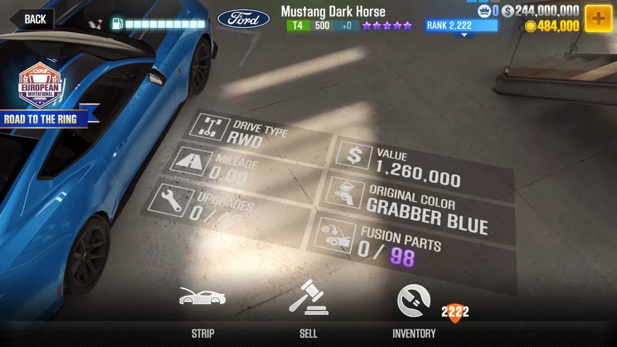 Ford Mustang Dark Horse CSR2 fusion parts and upgrade breakdown, tier 4 purple star car