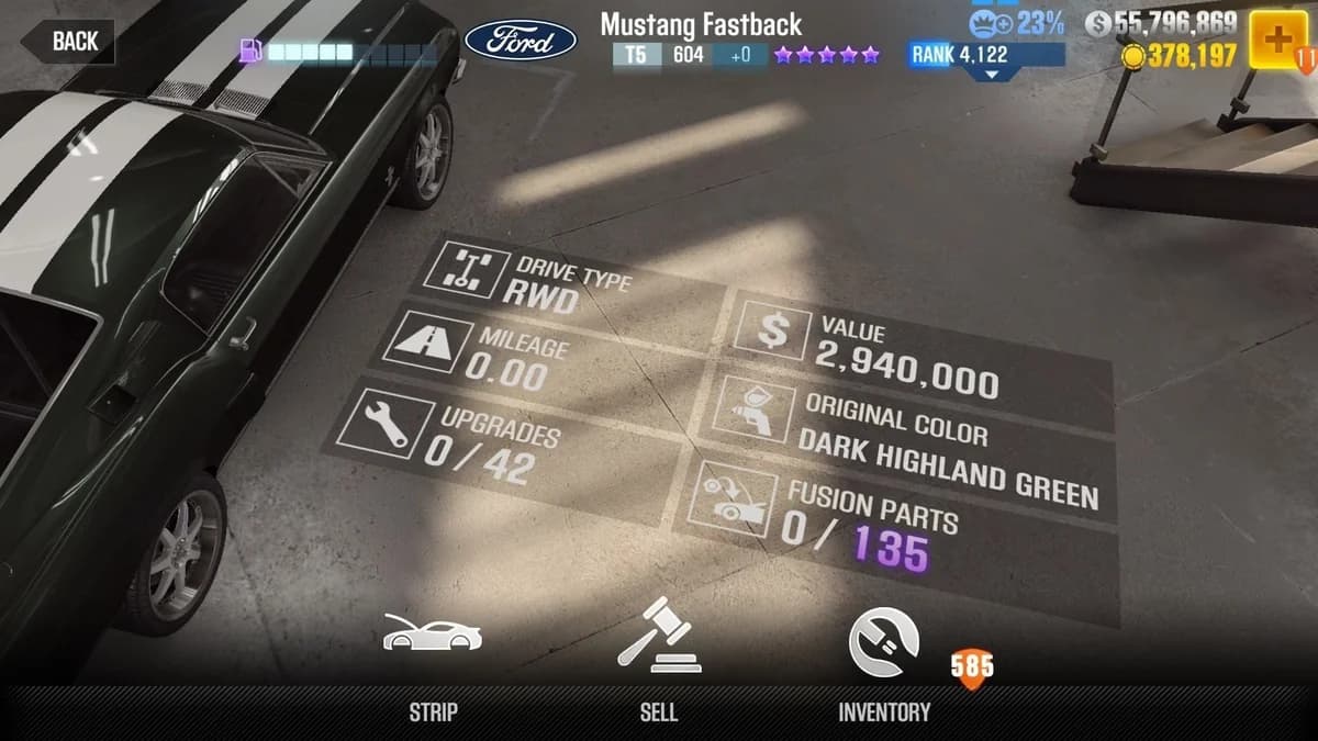 Sean's Ford 1967 Mustang Fastback (FnF) CSR2 fusion parts and upgrade breakdown, tier 5 purple star car