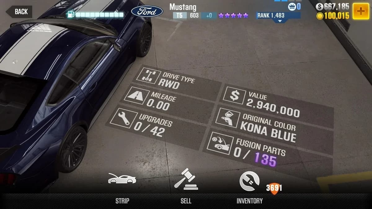 Jakob Toretto's Ford Mustang (FnF) CSR2 fusion parts and upgrade breakdown, tier 5 purple star car