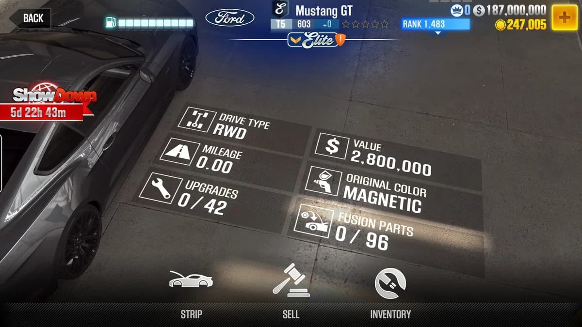 Ford Mustang GT (E.C. Level 0) CSR2 fusion parts and upgrade breakdown, tier 5 purple star car