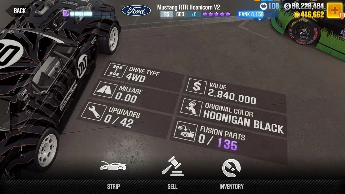 Ford Mustang RTR Hoonicorn V2 CSR2 fusion parts and upgrade breakdown, tier 5 purple star car