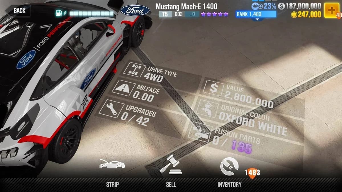 Ford Mustang Mach-E 1400 CSR2 fusion parts and upgrade breakdown, tier 5 purple star car