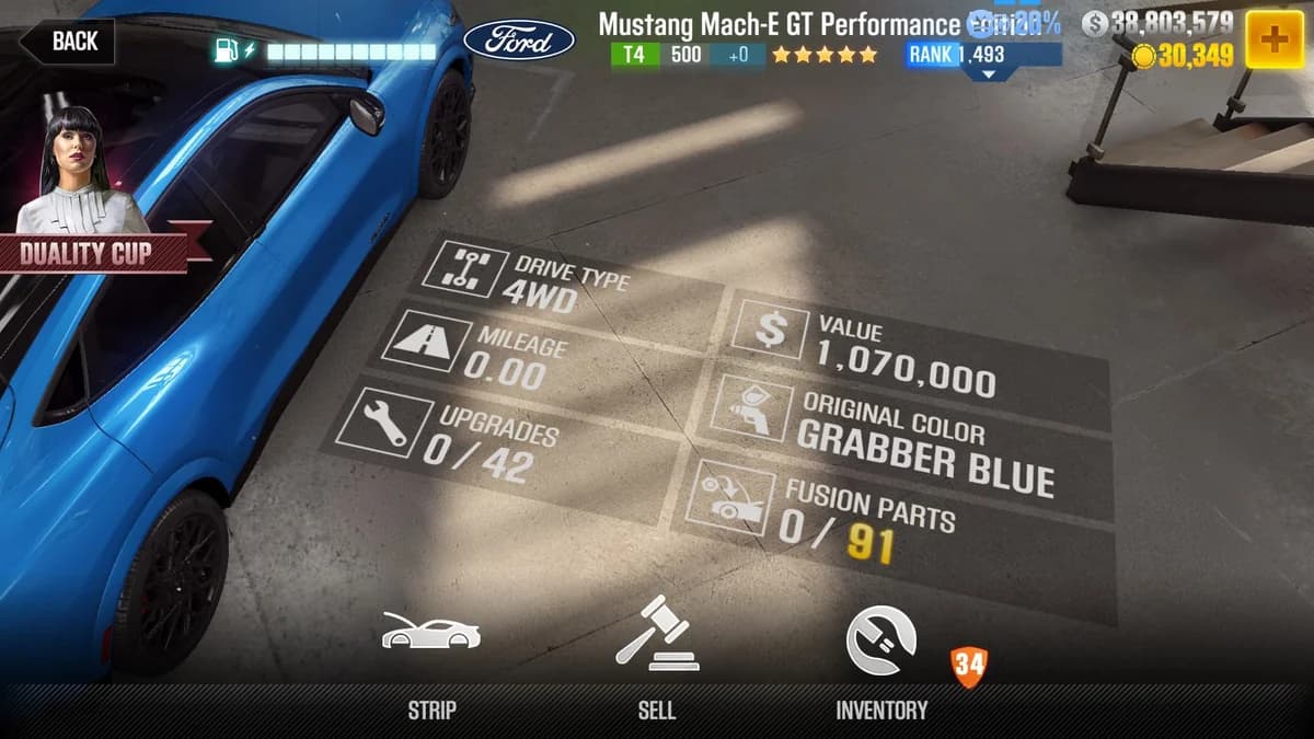 Ford Mustang Mach-E GT Performance Edition CSR2 fusion parts and upgrade breakdown, tier 4 purple star car