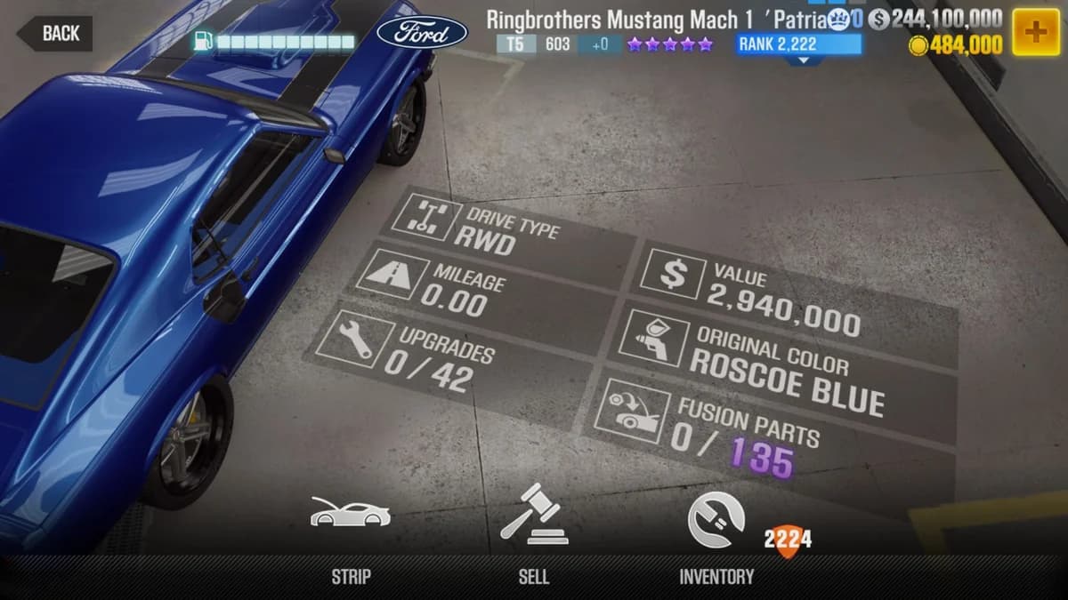 Ford Ringbrothers Mustang Mach 1 'Patriarc' CSR2 fusion parts and upgrade breakdown, tier 5 purple star car
