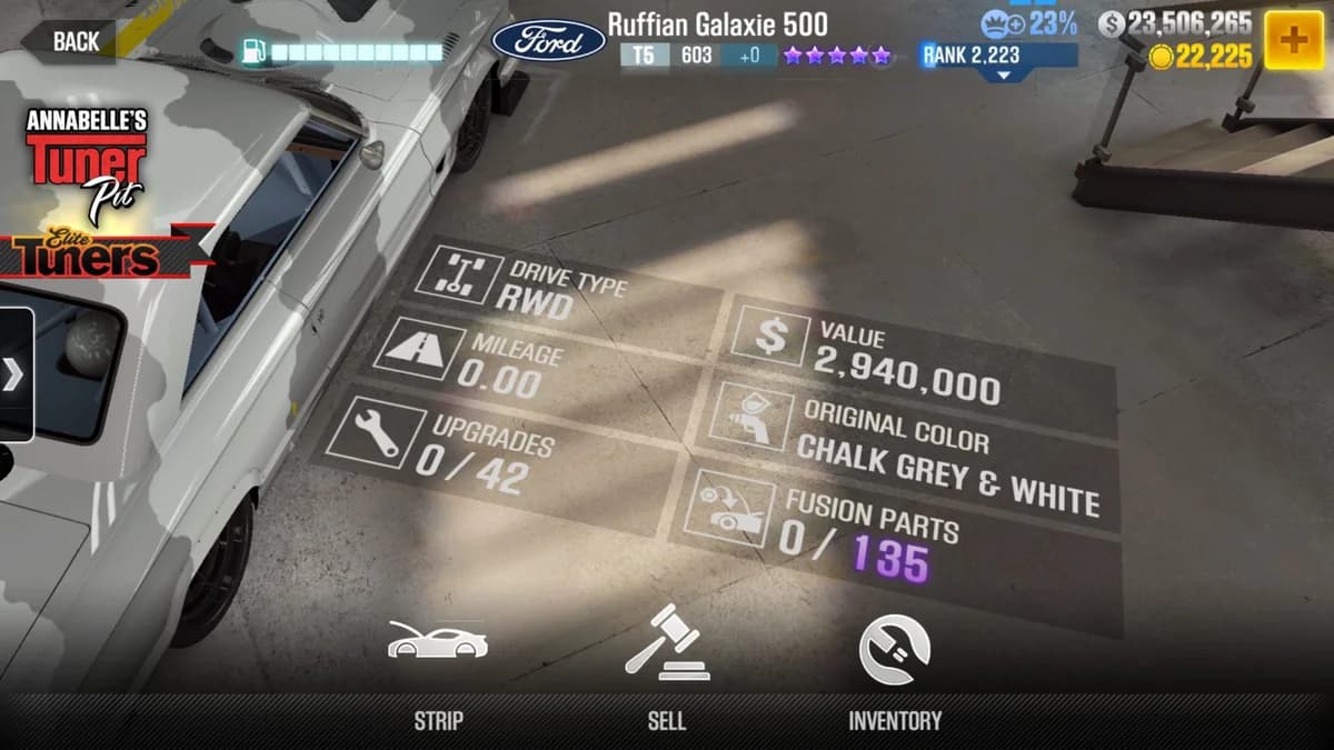Ford Ruffian Galaxie 500 CSR2 fusion parts and upgrade breakdown, tier 5 purple star car