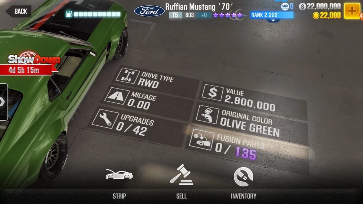 Ford Ruffian Mustang '70' CSR2 fusion parts and upgrade breakdown, tier 5 purple star car