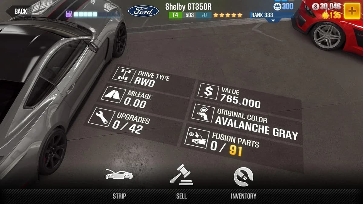 Ford Mustang Shelby GT350R CSR2 fusion parts and upgrade breakdown, tier 4 gold star car