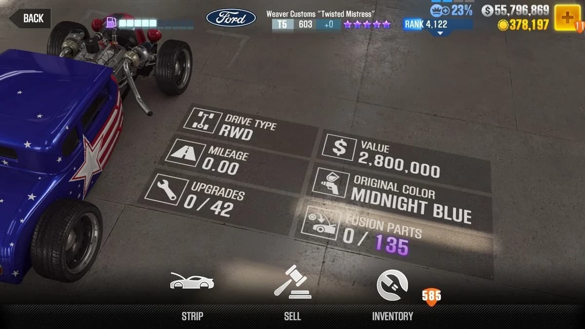 Ford Weaver Customs ''Twisted Mistress'' (USA) CSR2 fusion parts and upgrade breakdown, tier 5 purple star car