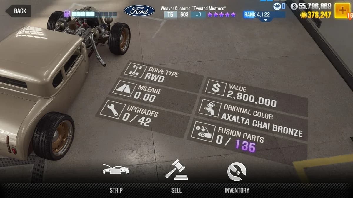 Ford Weaver Customs ''Twisted Mistress'' (Bronze) CSR2 fusion parts and upgrade breakdown, tier 5 purple star car