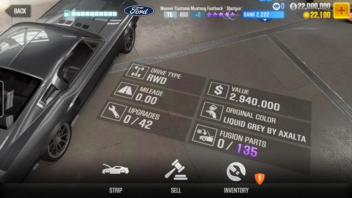 Ford Weaver Customs Mustang Fastback 'Shotgun' CSR2 fusion parts and upgrade breakdown, tier 5 purple star car