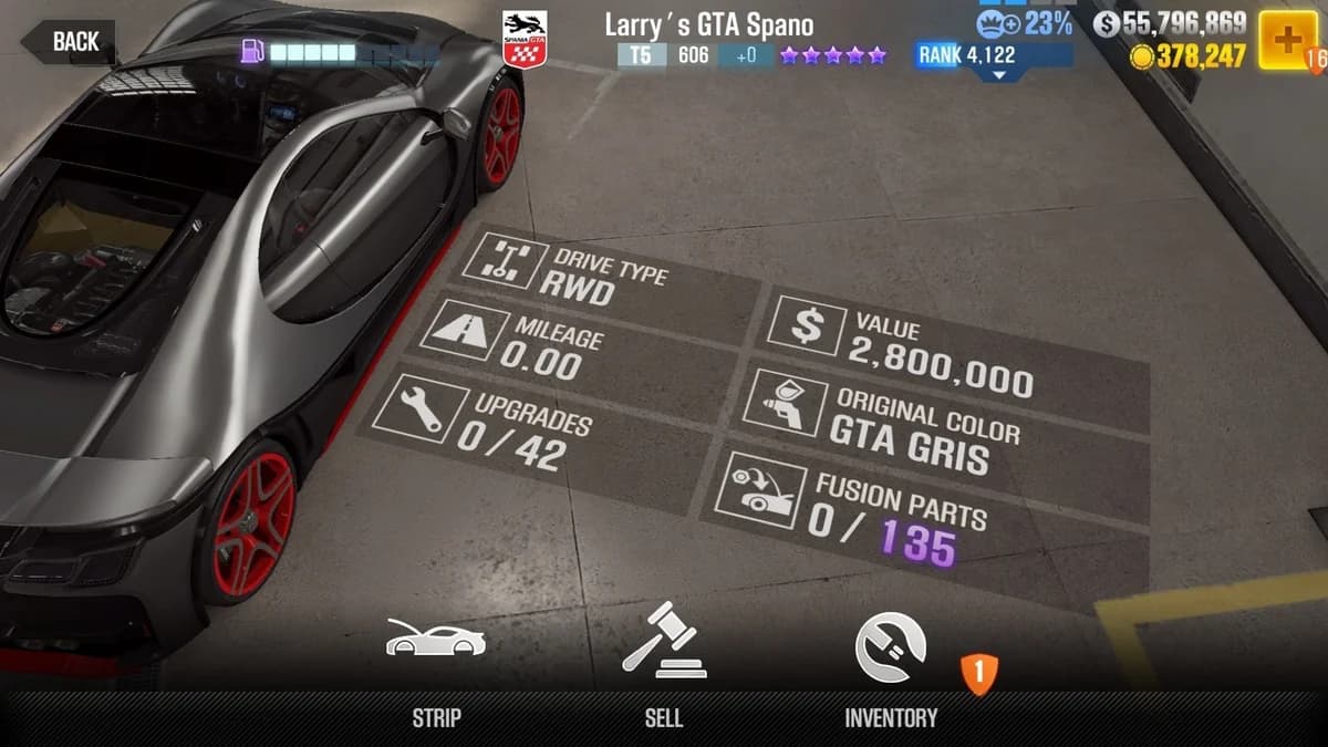 GTA Motor Larry's Spania GTA Spano CSR2 fusion parts and upgrade breakdown, tier 5 purple star car