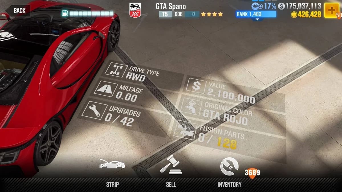 GTA Motor Spania GTA Spano CSR2 fusion parts and upgrade breakdown, tier 5 gold star car