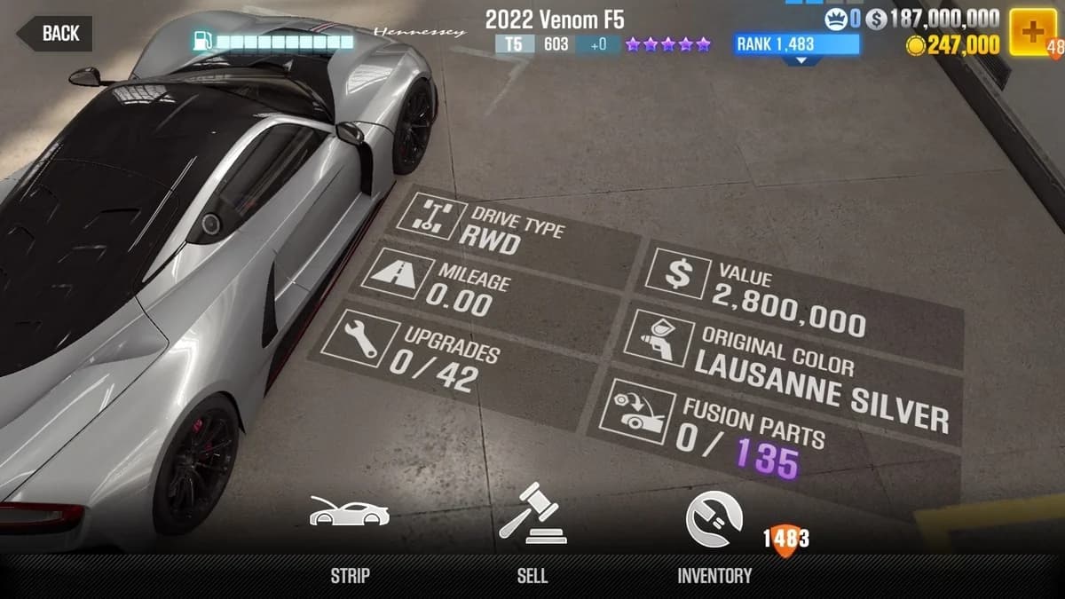 Hennessey 2022 Venom F5 CSR2 fusion parts and upgrade breakdown, tier 5 purple star car