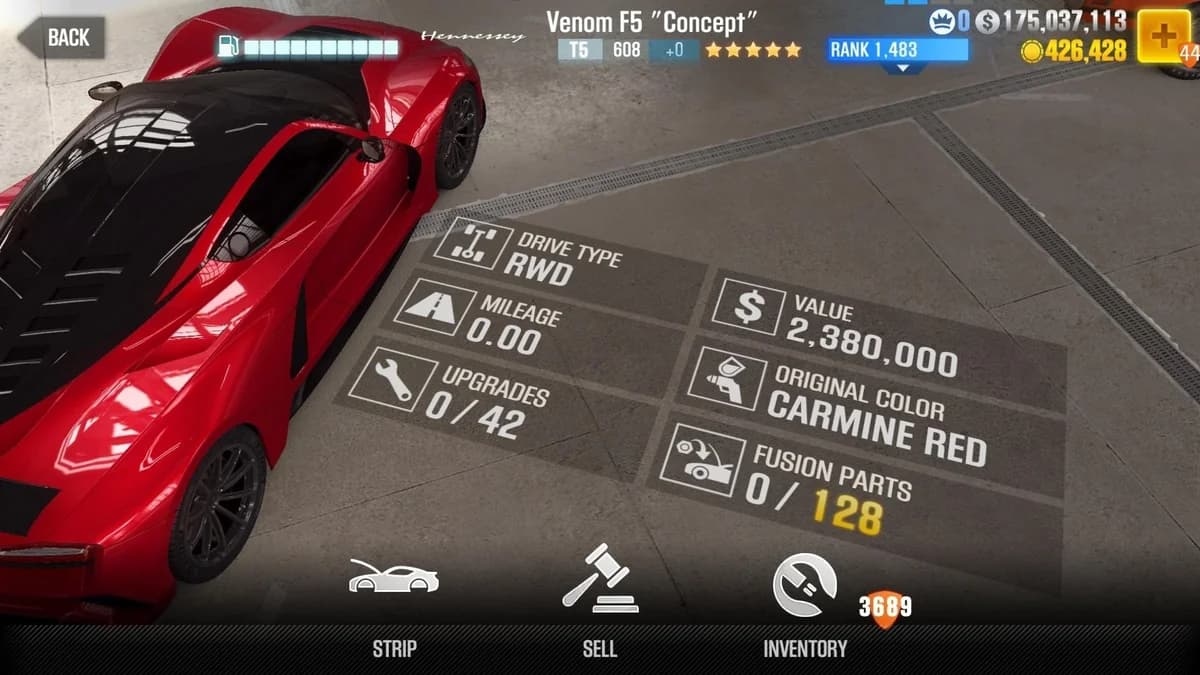 Hennessey Venom F5 ''Concept'' CSR2 fusion parts and upgrade breakdown, tier 5 gold star car