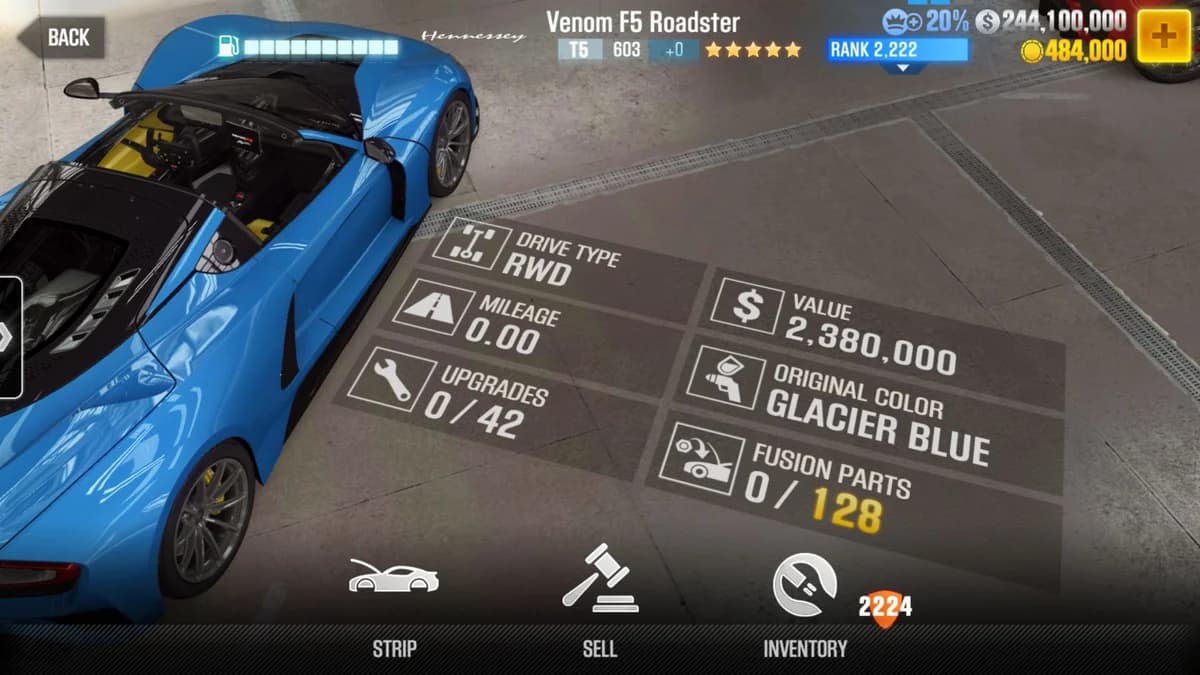 Hennessey Venom F5 Roadster CSR2 fusion parts and upgrade breakdown, tier 5 gold star car