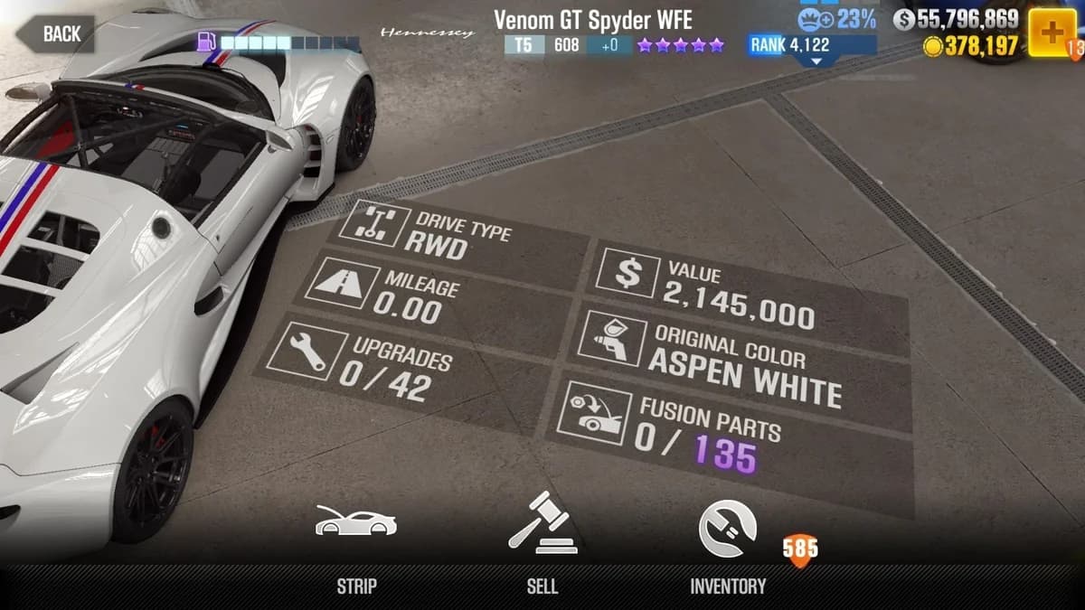 Hennessey Venom GT Spyder WFE CSR2 fusion parts and upgrade breakdown, tier 5 purple star car