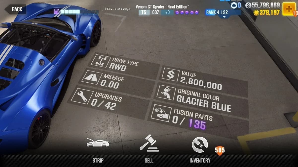 Hennessey Venom GT Spyder ''Final Edition'' CSR2 fusion parts and upgrade breakdown, tier 5 purple star car