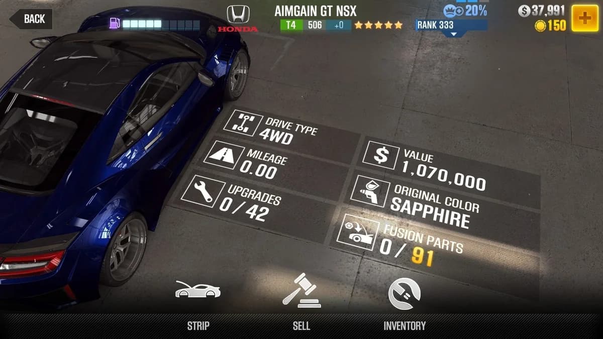 Honda AIMGAIN GT NSX CSR2 fusion parts and upgrade breakdown, tier 4 gold star car