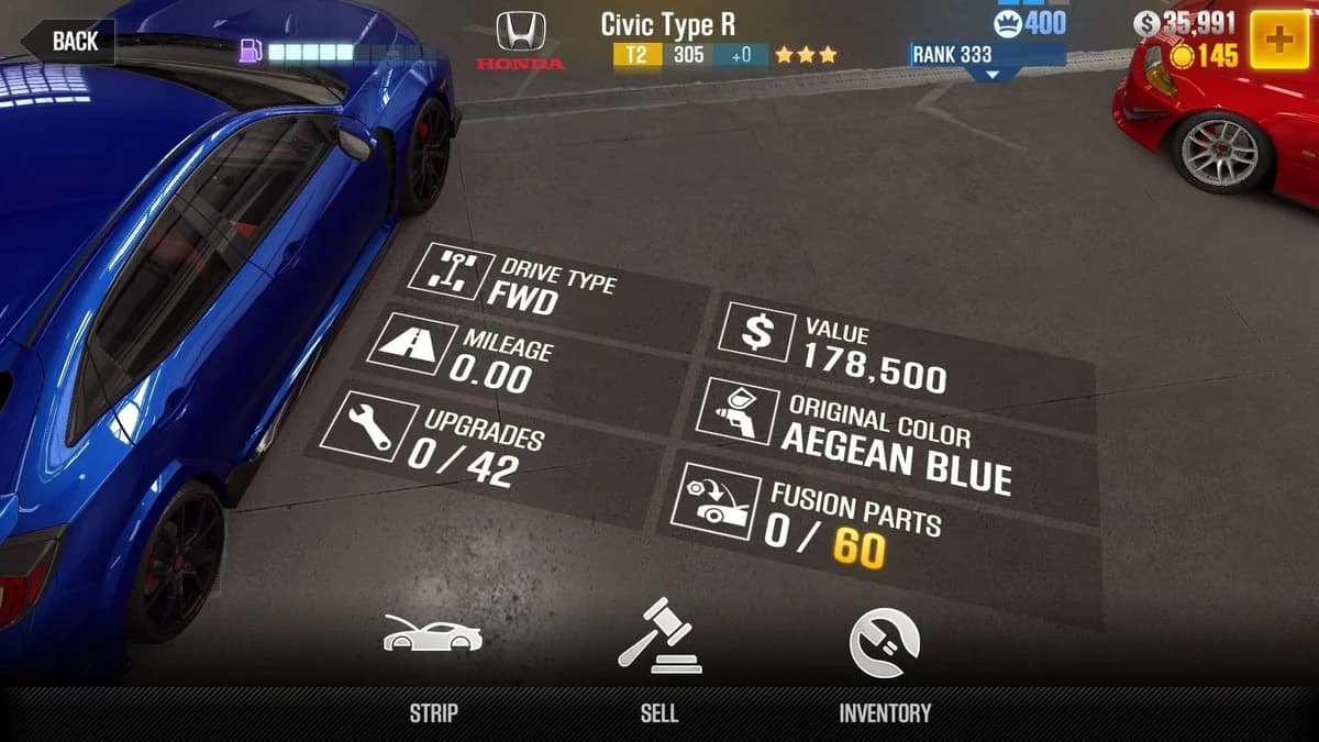 Honda 2017 Civic Type R CSR2 fusion parts and upgrade breakdown, tier 2 gold star car