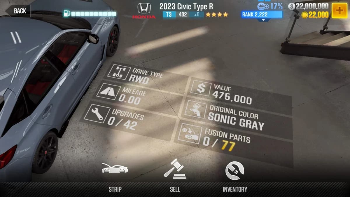Honda 2023 Civic Type R CSR2 fusion parts and upgrade breakdown, tier 3 gold star car