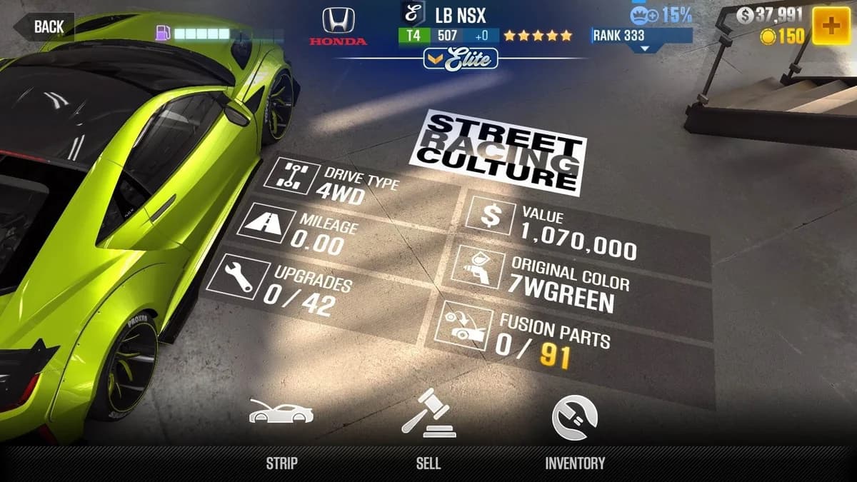 Honda LB NSX CSR2 fusion parts and upgrade breakdown, tier 4 purple star car