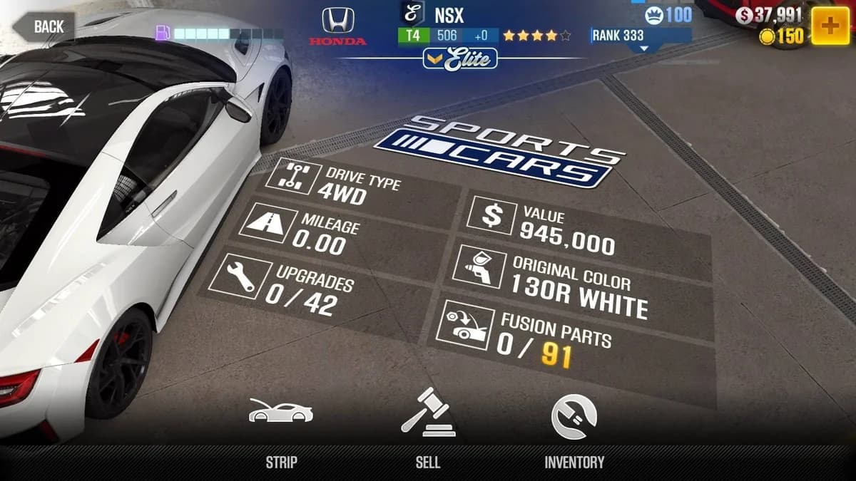 Honda NSX (E.C. Level 0) CSR2 fusion parts and upgrade breakdown, tier 4 gold star car